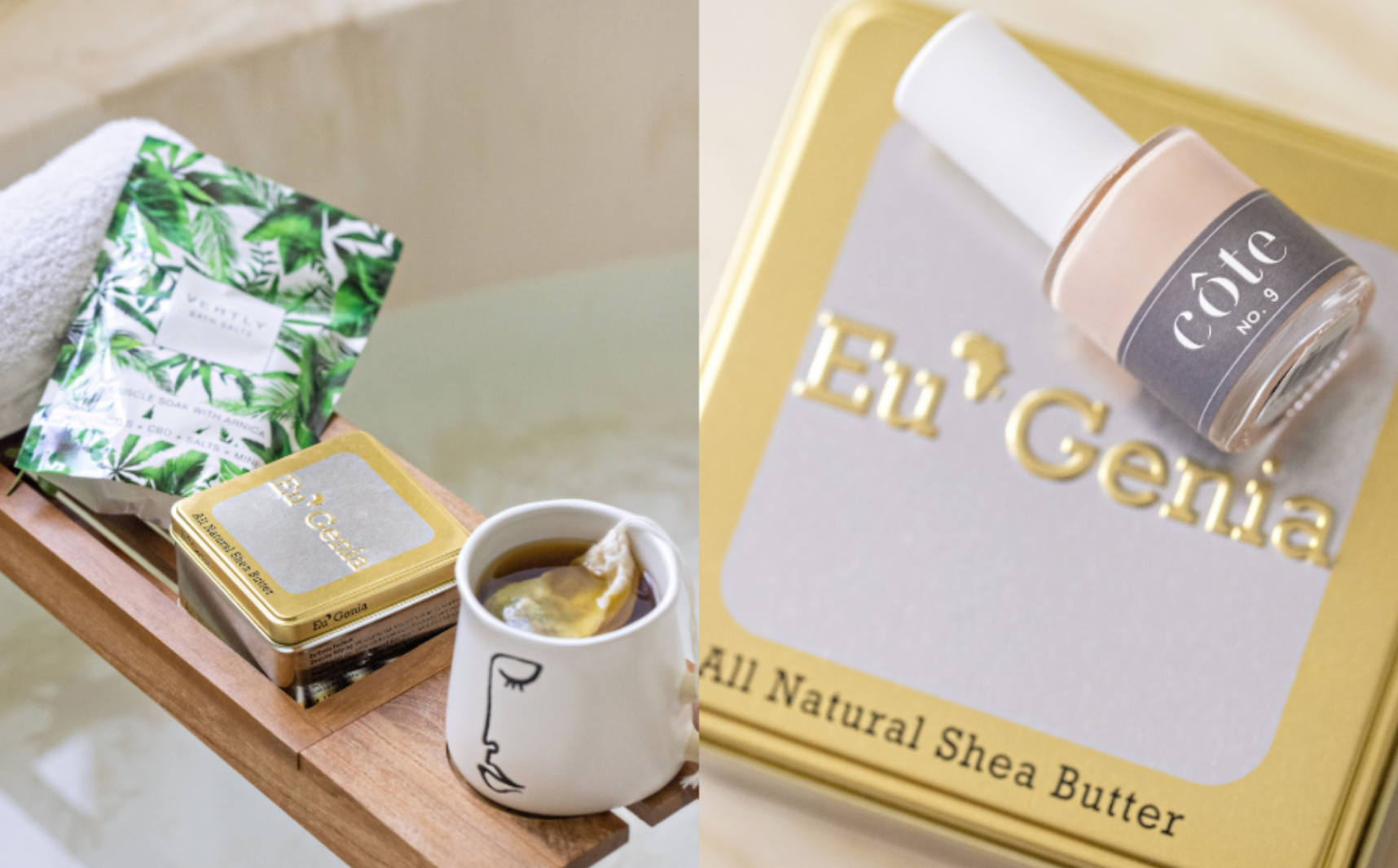 Eu'Genia Tin with Nail Polish on right image and with a mug of tea and other products above a bath on the left
