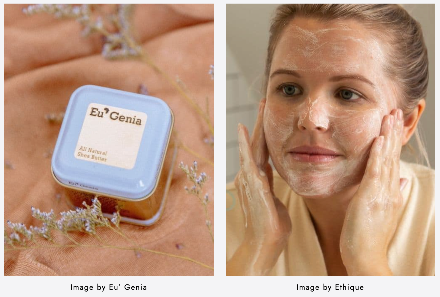Sustainable Jungle Article Preview with a tin of shea butter on the left and a woman washing her face on the right.