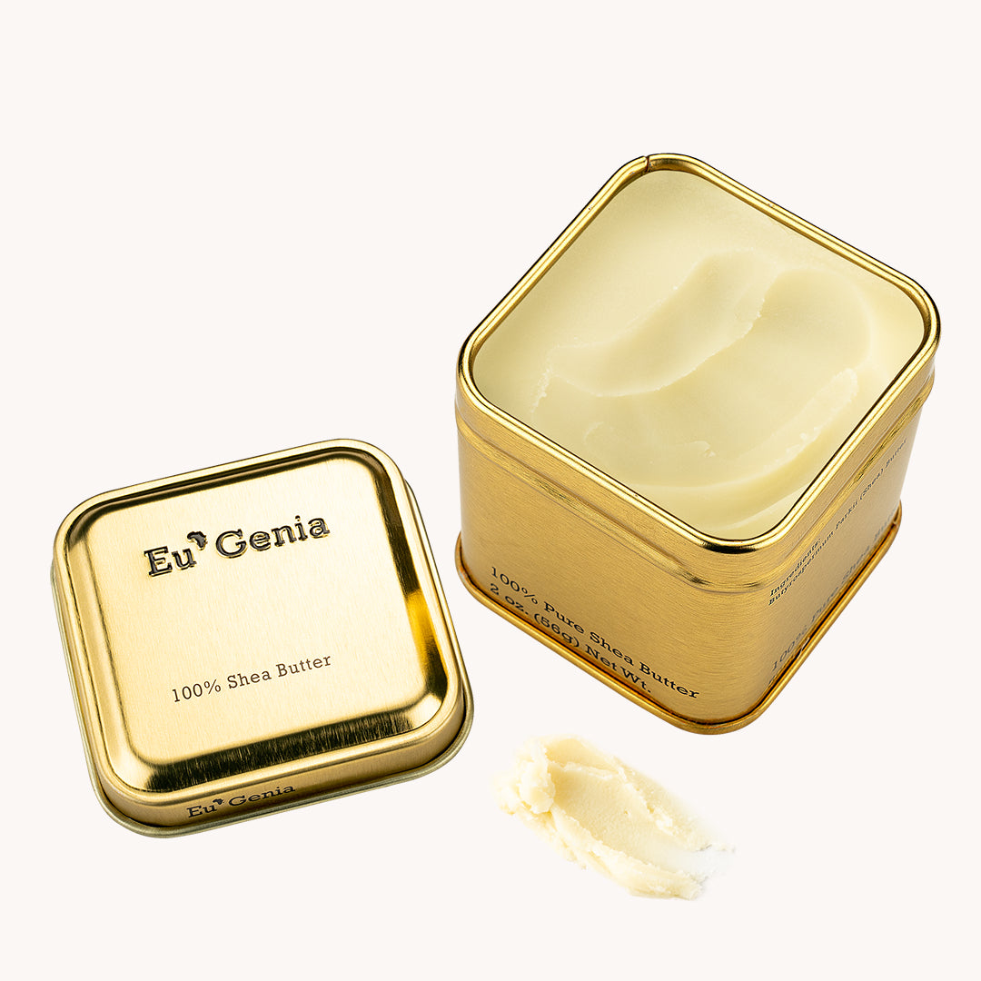 Small tin of 100% Shea Butter with open lid and scooped shea butter.