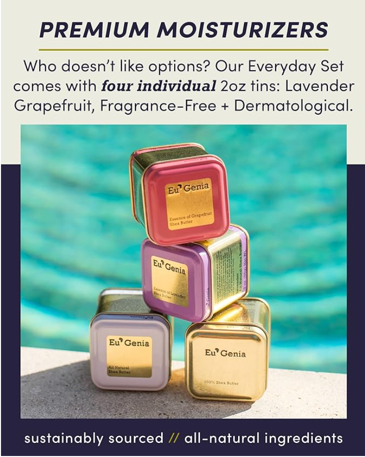 Set of 4 small tins in grapefruit, lavender, unscented, and dermatological strength in a larger gold tin.