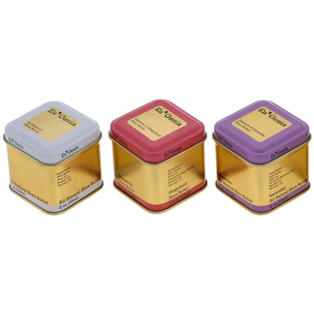 Three gold tins with different color lids, fragrance free, grapefruit, and lavender from from left to right