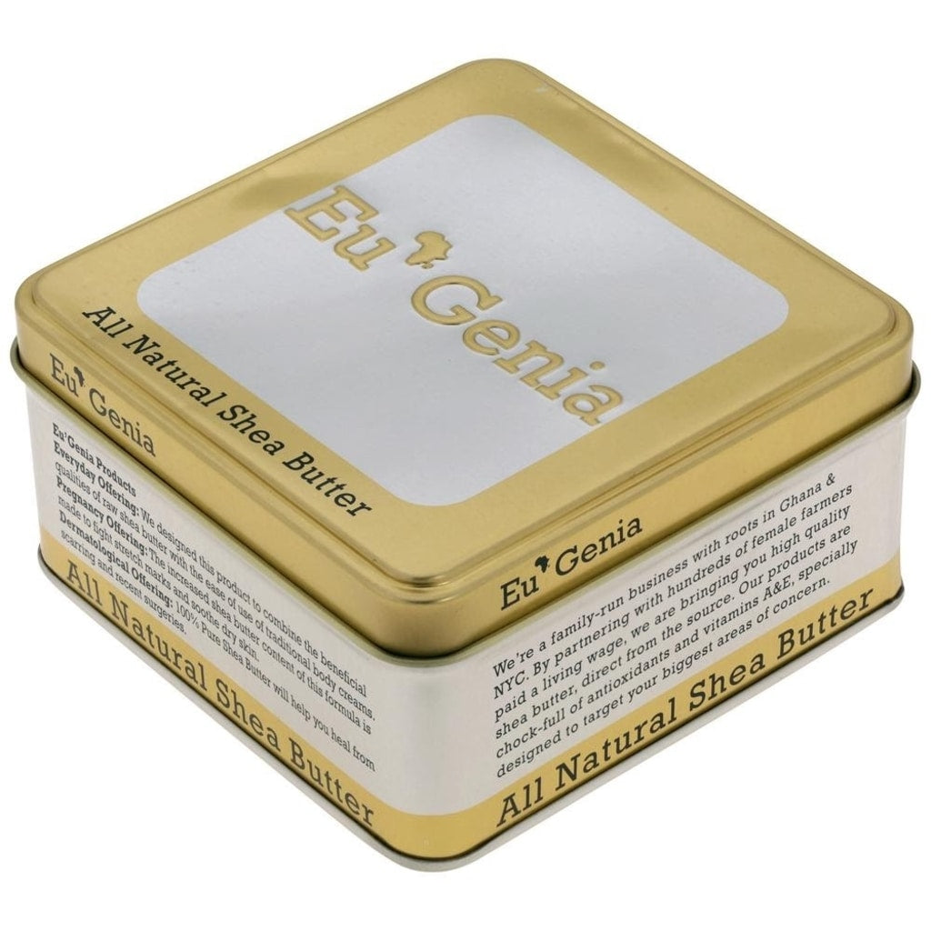 Gold Tin that reads Eu'Genia Shea All natural shea butter on a white background
