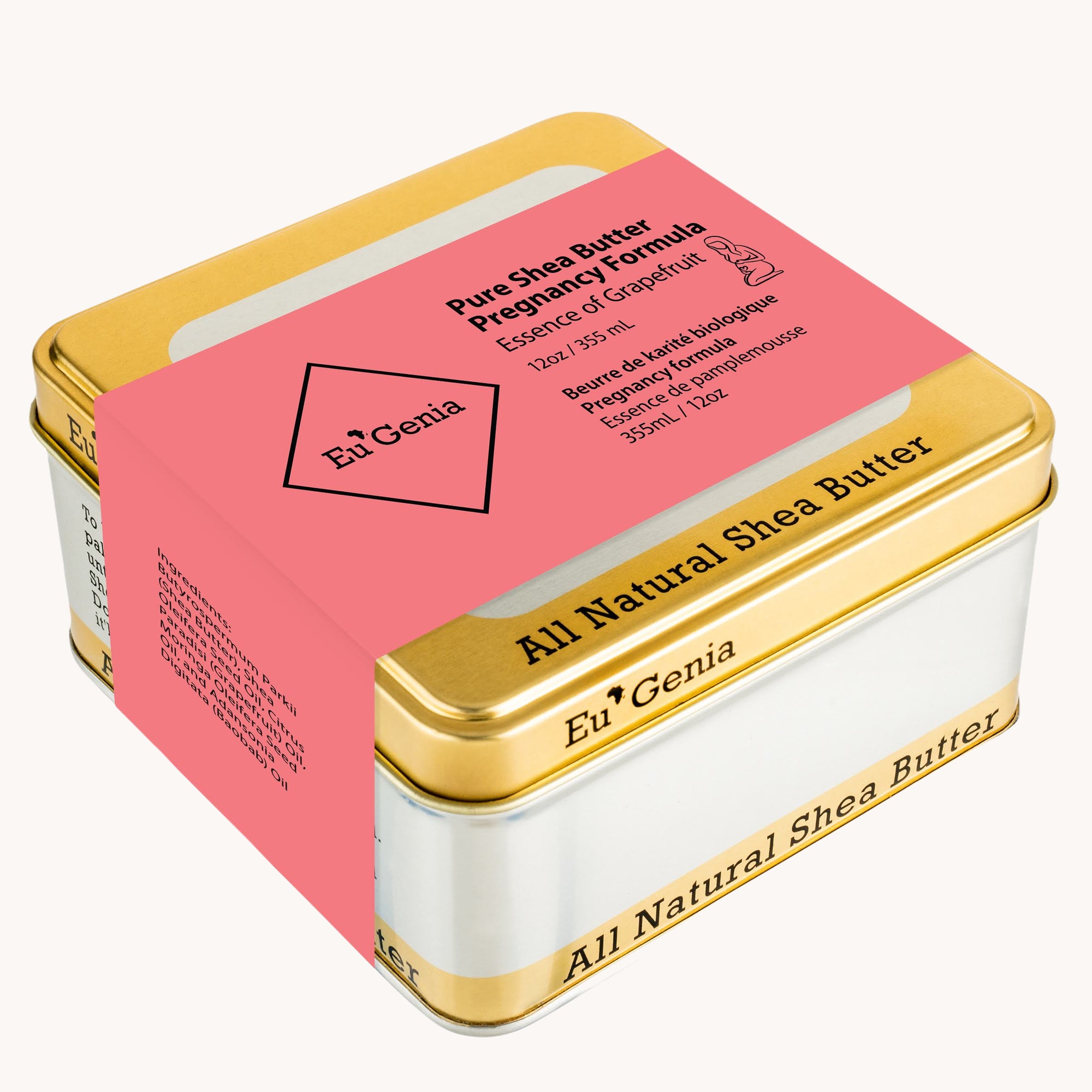 Gold Tin that reads "Pure Shea Butter Pregnancy Formula Essence of Grapefruit" on a white background.