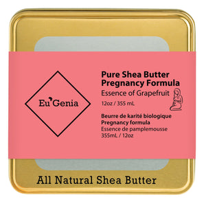 Gold Tin that reads "Pure Shea Butter Pregnancy Formula Essence of Grapefruit" on a white background