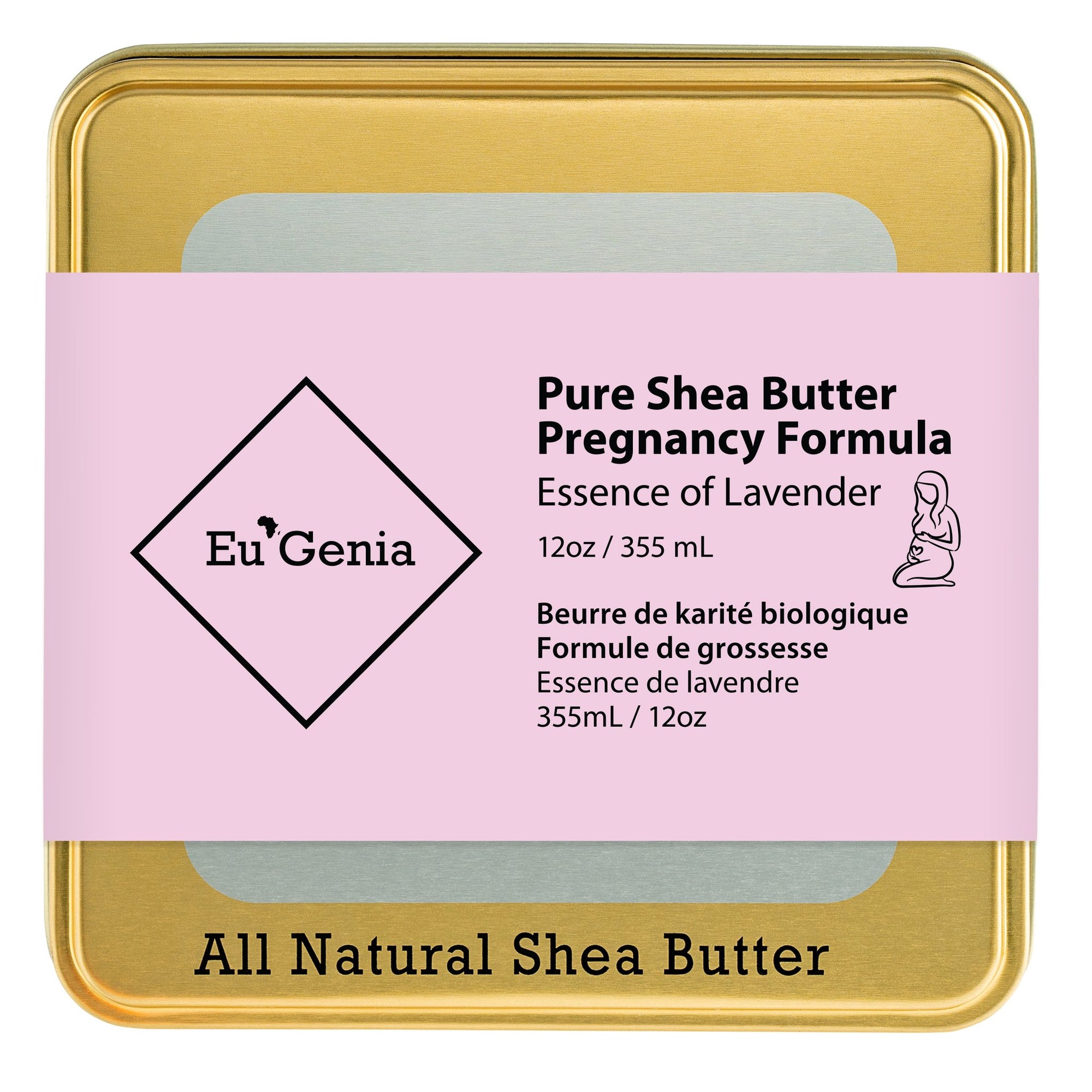 Gold Tin that reads "Pure Shea Butter Pregnancy Formula Essence of Lavender" on a white background