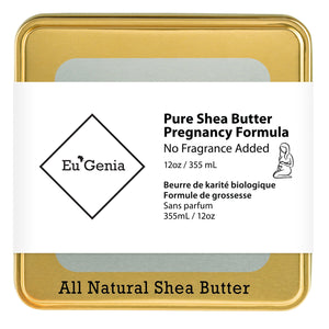 Gold Tin that reads "Pure Shea Butter Pregnancy No Fragrance Added" on a white background.
